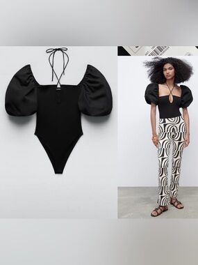 Zara Black Puff-Sleeve Square-Neck Bodysuit